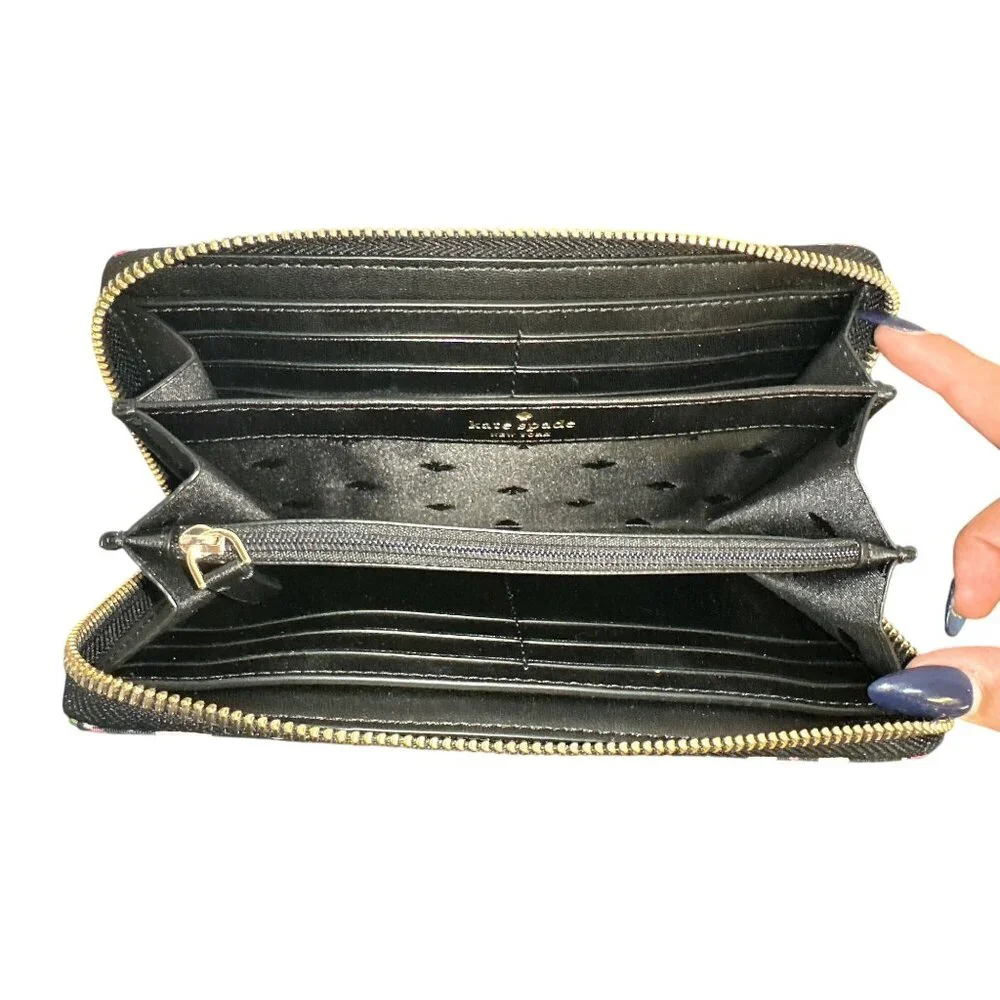 Kate Spade Black Floral Zip-Around Wallet w/Gold-Tone Accents - Picture 7 of 8